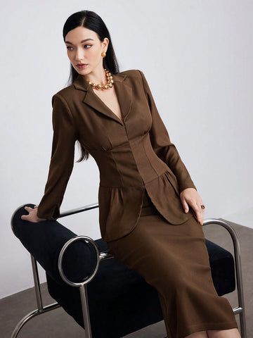 Heiryn Women's Solid Color Long Sleeve Simple Blazer Top And Skirt Casual Chic 2-Piece Set