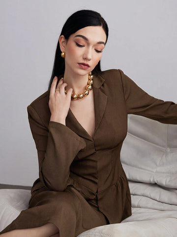 Heiryn Women's Solid Color Long Sleeve Simple Blazer Top And Skirt Casual Chic 2-Piece Set