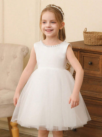 High-End Girls Pearl Hollow Back Detachable Bow Mesh Princess Dress, Flower Girl Wedding Party Formal Gown
