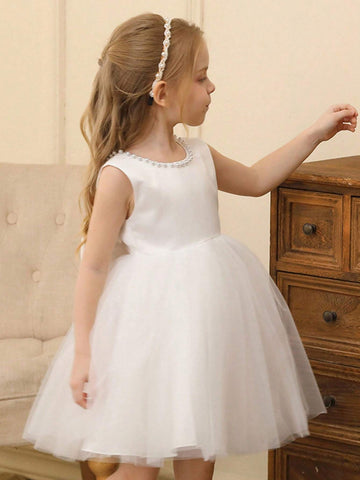 High-End Girls Pearl Hollow Back Detachable Bow Mesh Princess Dress, Flower Girl Wedding Party Formal Gown