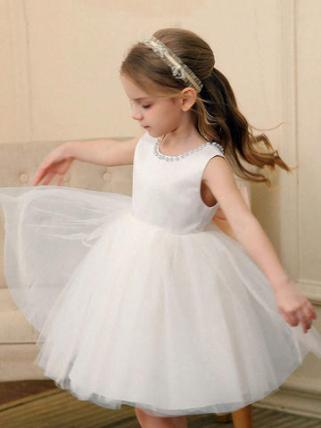 High-End Girls Pearl Hollow Back Detachable Bow Mesh Princess Dress, Flower Girl Wedding Party Formal Gown