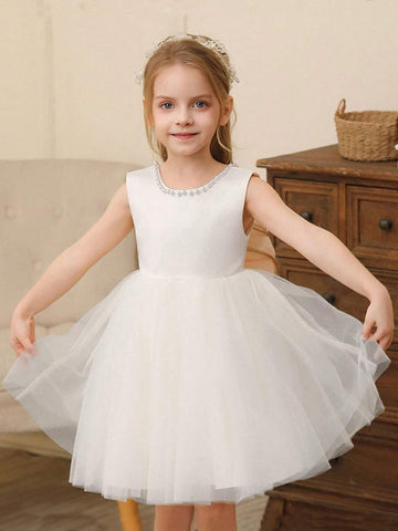 High-End Girls Pearl Hollow Back Detachable Bow Mesh Princess Dress, Flower Girl Wedding Party Formal Gown