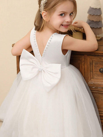 High-End Girls Pearl Hollow Back Detachable Bow Mesh Princess Dress, Flower Girl Wedding Party Formal Gown