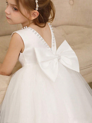 High-End Girls Pearl Hollow Back Detachable Bow Mesh Princess Dress, Flower Girl Wedding Party Formal Gown