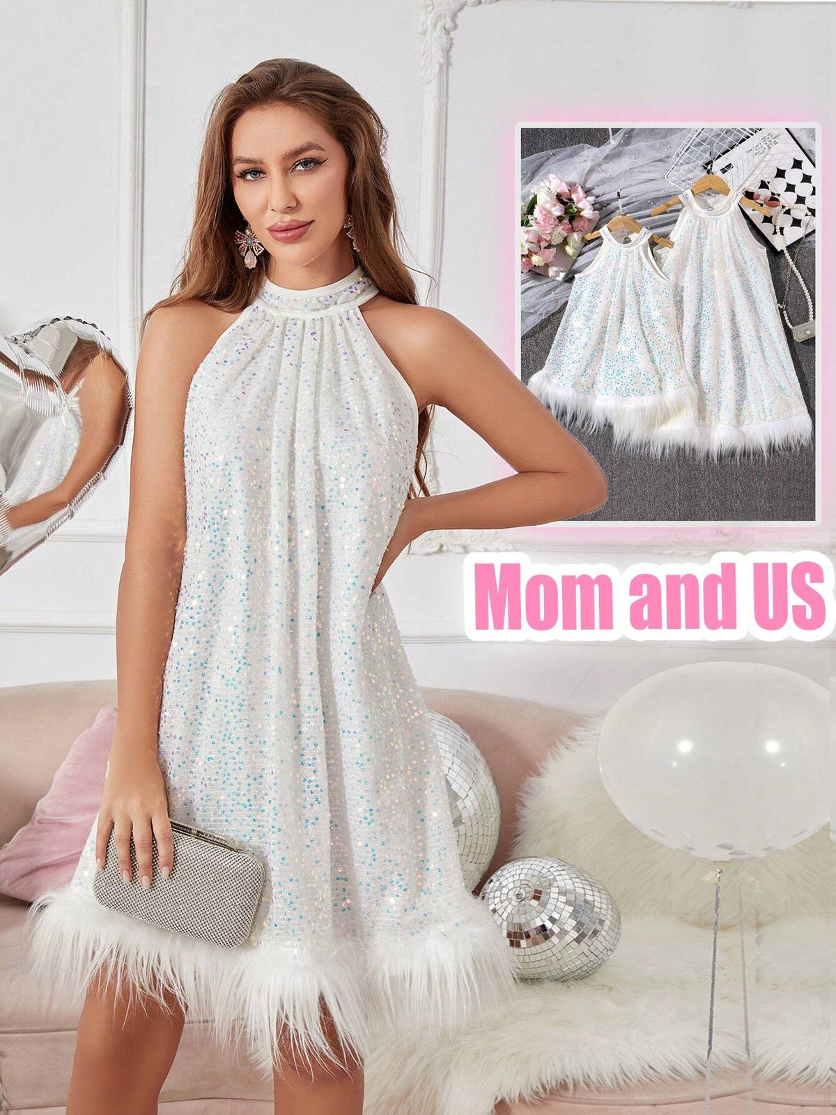 High-End Women's Beaded Halter Furry Hem Party Dress, White Formal Gown For Luxury Party, Mother-Daughter Matching