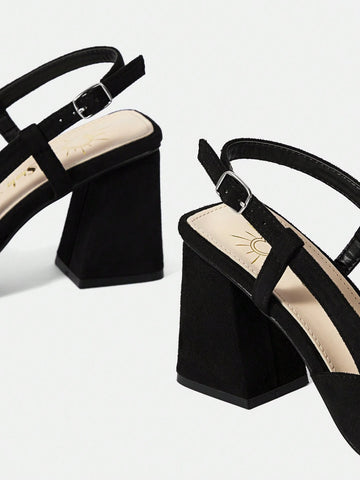 High-Heeled Solid Color Open Back Chunky Heel Shoes