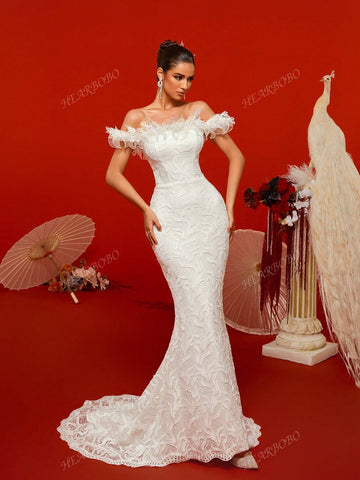 High-Neck Embroidered Lace Mermaid Style Sexy Wedding Dress