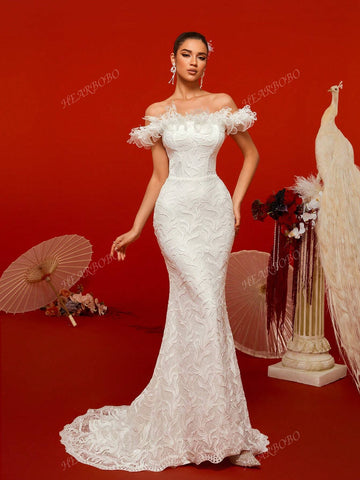 High-Neck Embroidered Lace Mermaid Style Sexy Wedding Dress