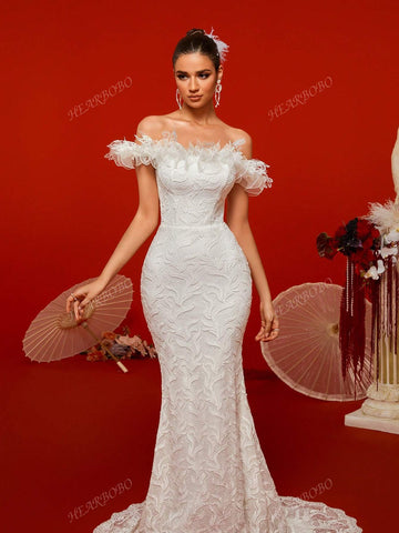 High-Neck Embroidered Lace Mermaid Style Sexy Wedding Dress