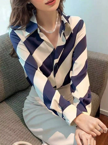 High End Polo Collar Diagonal Stripe Satin Shirt For Women, Versatile Commuting Style Long Sleeved Shirt