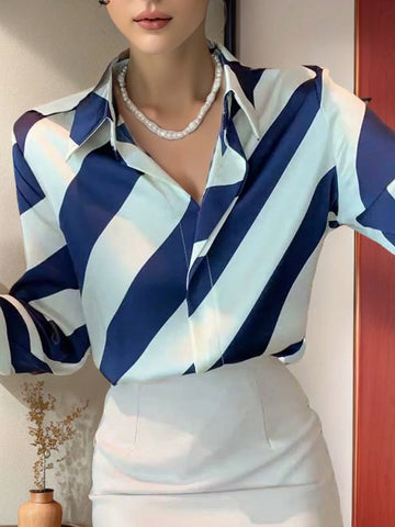 High End Polo Collar Diagonal Stripe Satin Shirt For Women, Versatile Commuting Style Long Sleeved Shirt