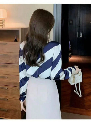 High End Polo Collar Diagonal Stripe Satin Shirt For Women, Versatile Commuting Style Long Sleeved Shirt