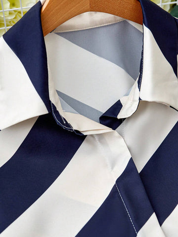 High End Polo Collar Diagonal Stripe Satin Shirt For Women, Versatile Commuting Style Long Sleeved Shirt