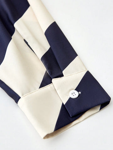 High End Polo Collar Diagonal Stripe Satin Shirt For Women, Versatile Commuting Style Long Sleeved Shirt