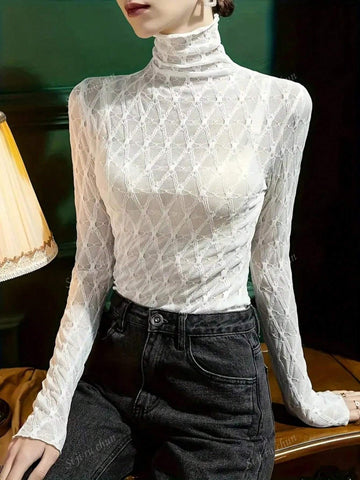 High Neck Lace Camisole Women, Form-Fitting Long Sleeve Undershirt Tops, Black Trendy T-Shirt