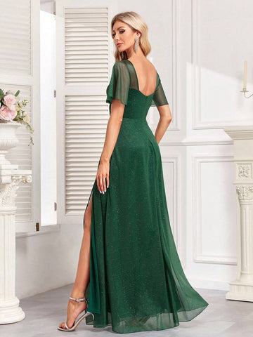 High Slit Thigh Chiffon Bridesmaid Dress With Ruffle Sleeves