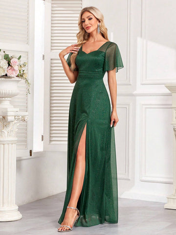 High Slit Thigh Chiffon Bridesmaid Dress With Ruffle Sleeves