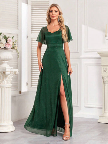 High Slit Thigh Chiffon Bridesmaid Dress With Ruffle Sleeves