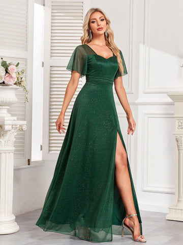 High Slit Thigh Chiffon Bridesmaid Dress With Ruffle Sleeves