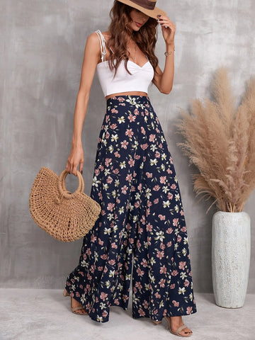 High Waist Floral Print Wide Leg Pants