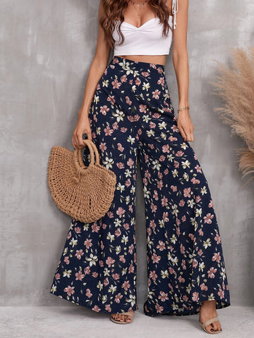 High Waist Floral Print Wide Leg Pants