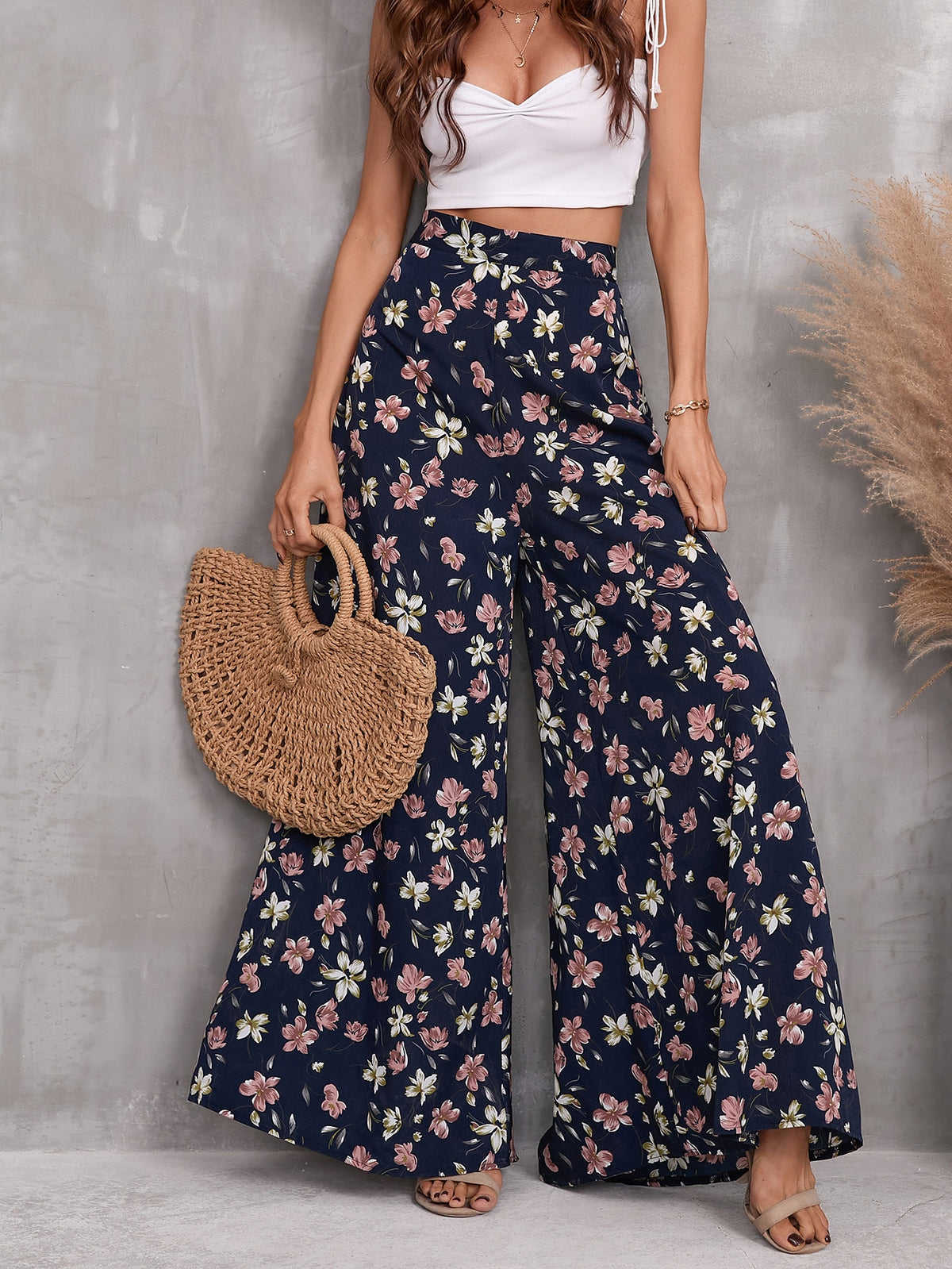 High Waist Floral Print Wide Leg Pants
