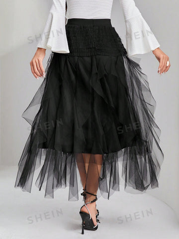 High Waist Mesh Overlay Skirt