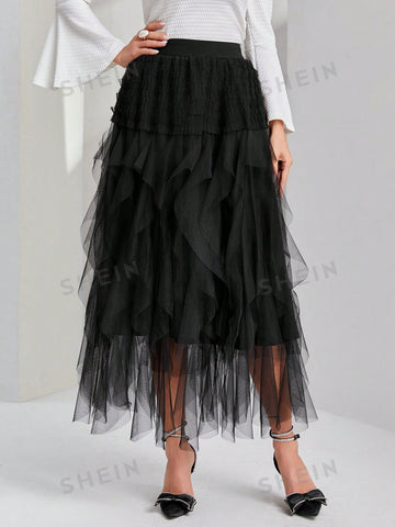 High Waist Mesh Overlay Skirt