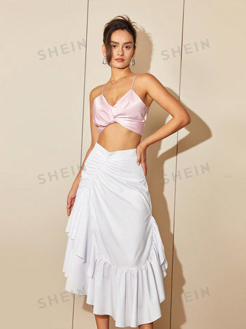 High Waisted Asymmetrical Skirt With Ruffle Hem Detail