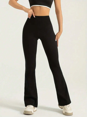 High Waisted Bootcut Sports Leggings, Solid Color Flared Workout Casual Yoga Pants, Women's Activewear
