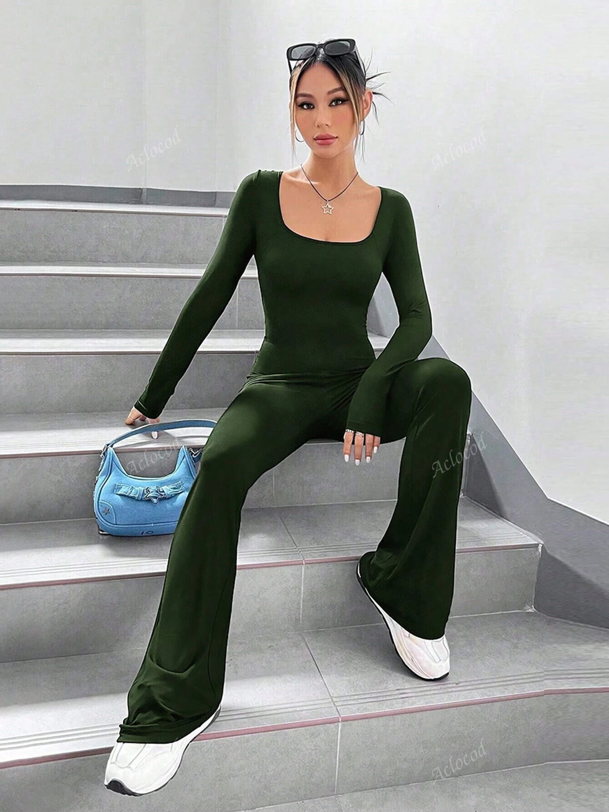 High Waisted Wide Leg Jumpsuit With Cinched Waist And Scoop Neck, Long Sleeve