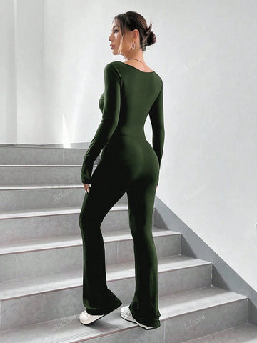High Waisted Wide Leg Jumpsuit With Cinched Waist And Scoop Neck, Long Sleeve
