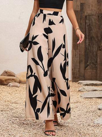 Waisted Wide Leg Pants With Plant Print