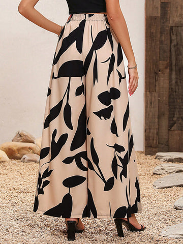 Waisted Wide Leg Pants With Plant Print