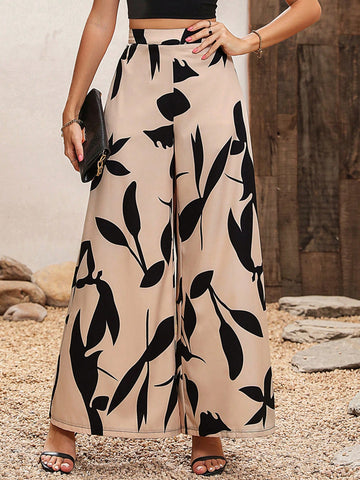 High Waisted Wide Leg Pants With Plant Print