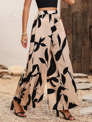 Waisted Wide Leg Pants With Plant Print