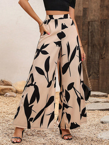 Waisted Wide Leg Pants With Plant Print