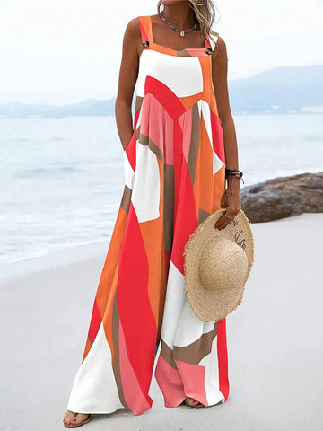 Holiday Beach Color Block Pleated Wide-Legged Casual Overalls