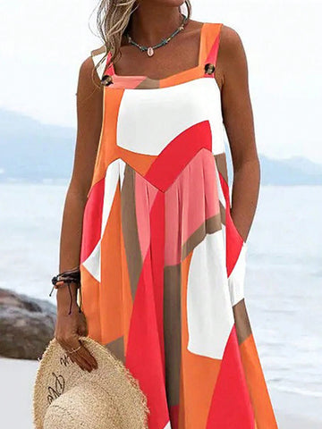 Holiday Beach Color Block Pleated Wide-Legged Casual Overalls