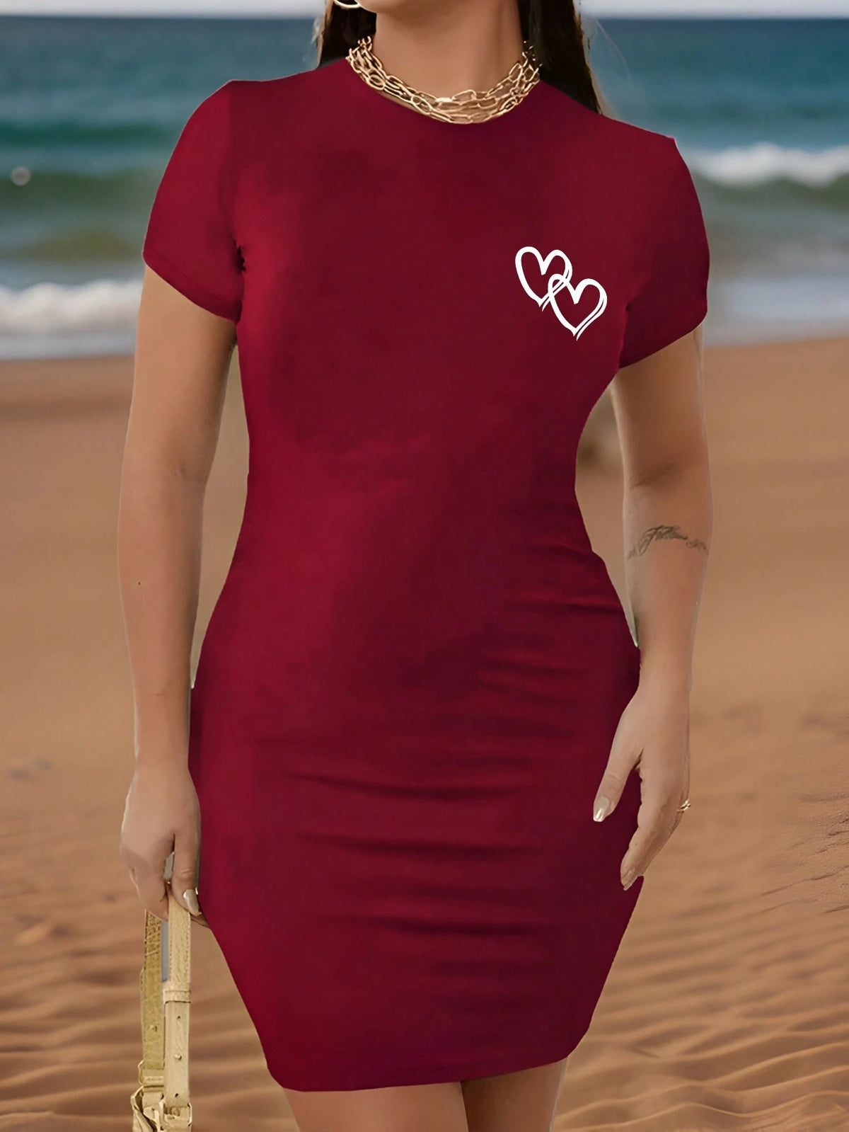 Holiday Beach Heart Printed Fashionable Slim Fit Dress, Versatile Style