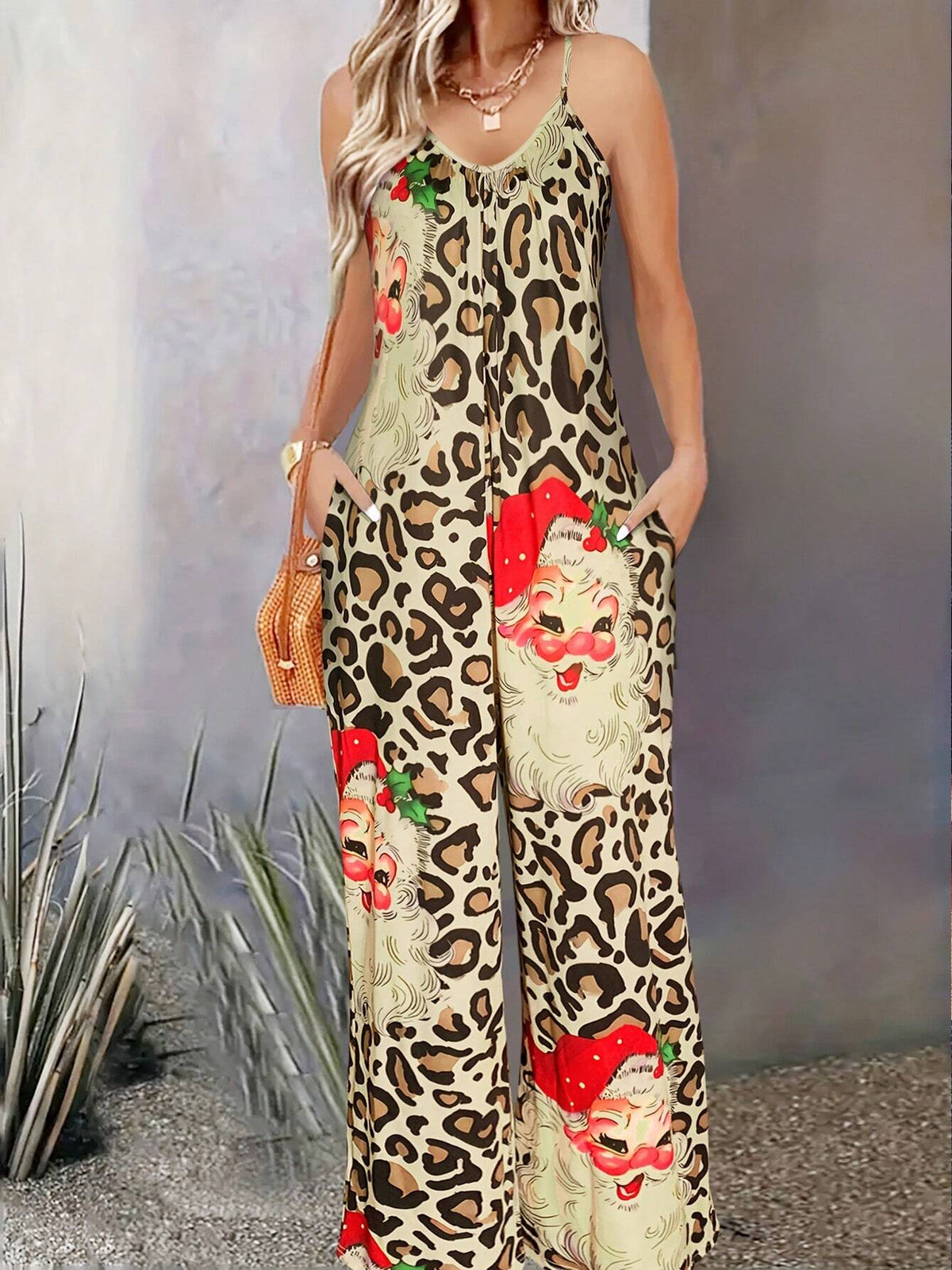 [Holiday Collection] Women's Leopard Print Wide Leg Jumpsuit For Autumn Christmas Season