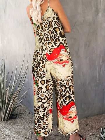 [Holiday Collection] Women's Leopard Print Wide Leg Jumpsuit For Autumn Christmas Season