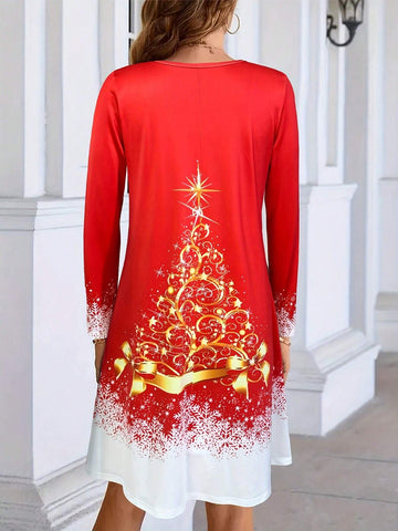[Holiday Focused] New Christmas Tree & Snowflake Pattern Long Sleeve Dress For Autumn/Winter