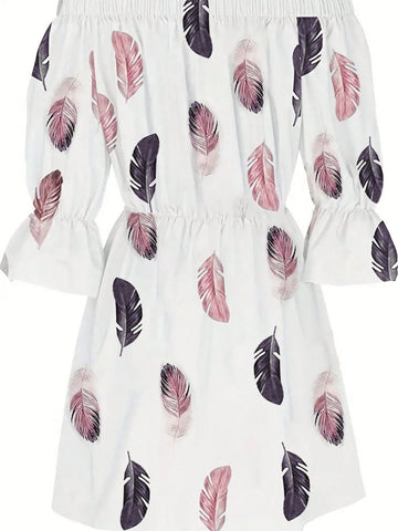 Holiday & Casual Fashionable Off Shoulder Feather Printed Skater Dress With Bell Sleeves