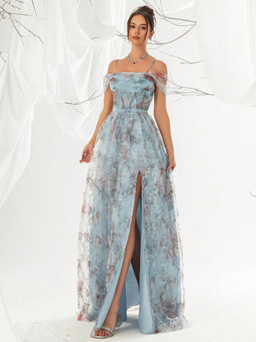 Hollow Out Shoulder Floral Print Blue Evening Gown With Sheer Mesh Fabric