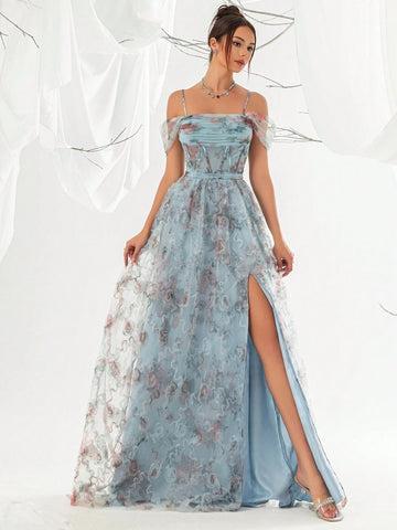 Hollow Out Shoulder Floral Print Blue Evening Gown With Sheer Mesh Fabric
