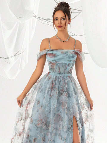 Hollow Out Shoulder Floral Print Blue Evening Gown With Sheer Mesh Fabric