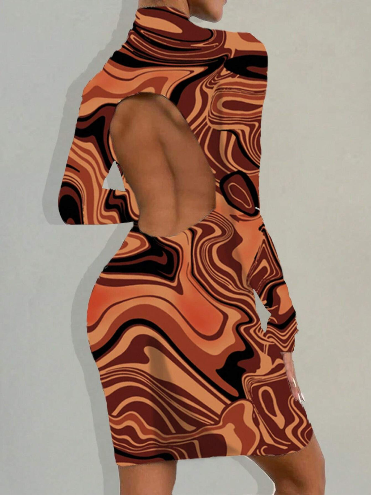 Hollow Out Water Pattern Printed Stand Collar Backless Dress