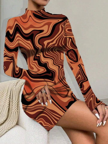 Hollow Out Water Pattern Printed Stand Collar Backless Dress