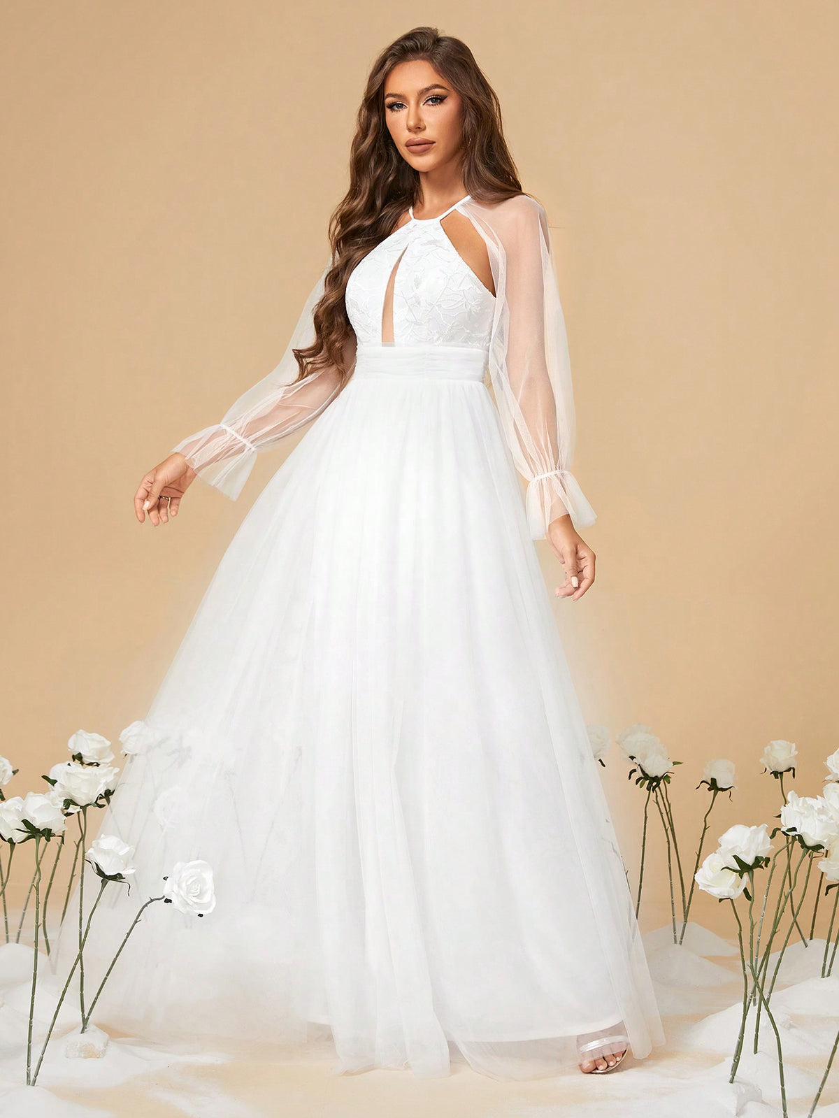 Hollowed Out Embroidered Bodice, Pleated Waist, A-line Mesh Wedding Dress